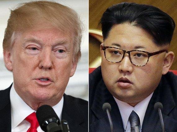 트럼프 대통령(아래 왼쪽 사진) 그리고 2016년 5월 9일 평양 노동당 대회에 참석한 김정은 위원장. 연합뉴스