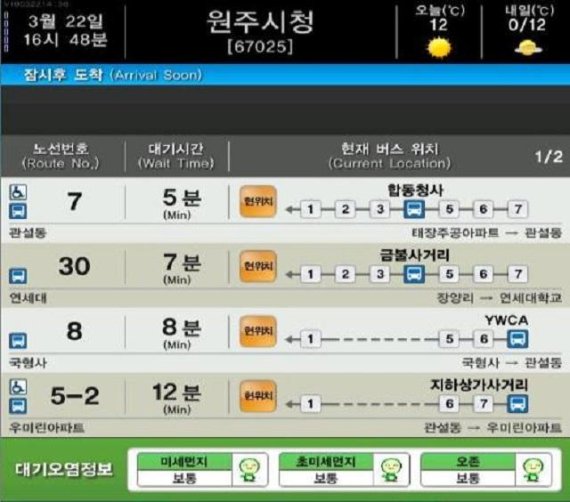 원주시, 버스정보안내단말기로 미세먼지 정보제공한다
