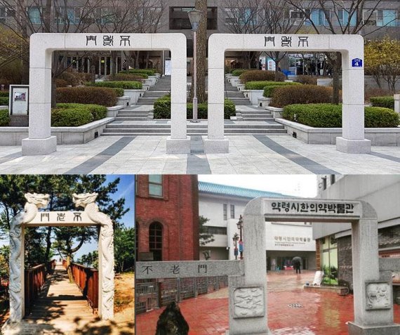▲ (위) 서울 종로구 '광화문풍림스페이스본아파트'에 세워진 불로문의 모습. (아래)부산 영도구 불로초공원 입구, 대구약령시 한의약박물관에 세워진 불로문의 모습/사진=인스타그램 아이디 'ip_i***', 'han****'