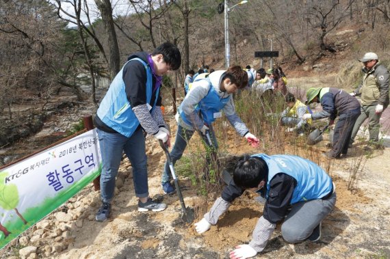 KT&G복지재단과 대학생들이 지난 7일 북한산국립공원에서 나무를 심고 있다. KT&G복지재단은 지난 2013년부터 매년 국내외에서 나무 심기 행사를 진행하고 있다.