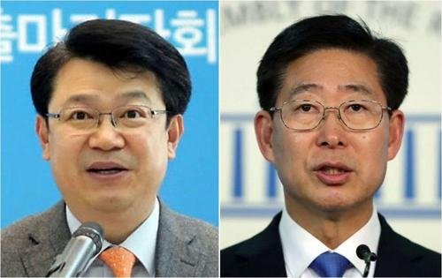 더불어민주당 충남지사 예비후보인 복기왕 전 아산시장(왼쪽)과 양승조 의원. 연합뉴스