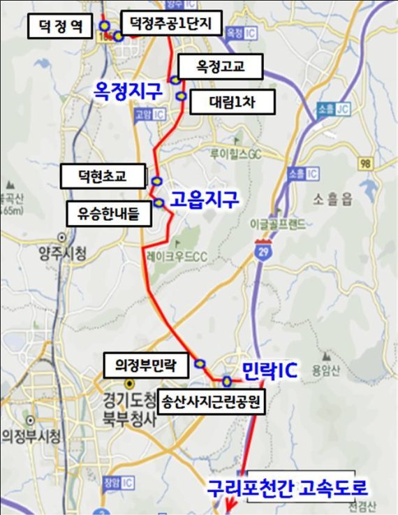 양주↔잠실 굿모닝 급행버스 G1300번 노선도. 사진제공=경기북부청