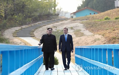 지난해 4월 27일 문재인 대통령과 김정은 북한 국무위원장이 판문점 도보다리에서 산책하고 있다. /사진=연합뉴스