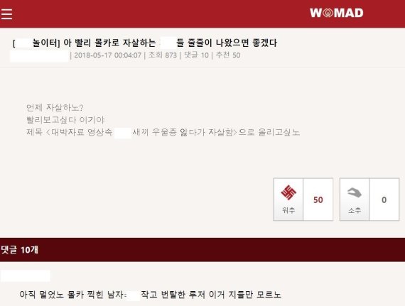 17일 워마드에서는 남자 몰카가 꾸준히 올라오고 "자살"하라는 등 남성에 대한 혐오 글이 올라오고 있다. 전문가들은 여성차별의 항의라면서도 표출방법이 잘못됐다고 설명한다.