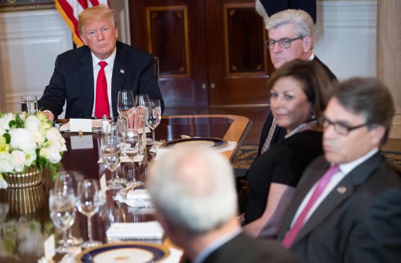 도널드 트럼프 미국 대통령(왼쪽)이 21일(현지시간) 미 워싱턴DC 백악관에서 주지사들과 함께 저녁식사에 앞서 국경 안보를 논의하고 있다.AFP연합뉴스