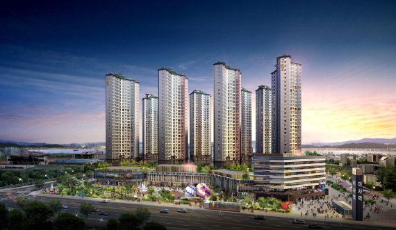 동양건설산업이 경기 하남시 미사강변도시에 공급하는 '미사역 파라곤' 주상복합아파트 조감도.