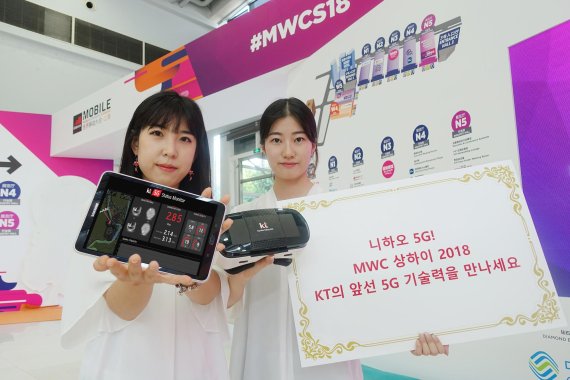 KT 모델들이 상하이에서 MWC 상하이 2018에 참가하는 KT 부스를 홍보하고 있다.