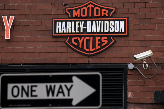NEW YORK, NY - JUNE 25: The Harley Davidson logo is displayed on the outside of the Harley-Davidson of New York City store, June 25, 2018 in New York City. The American motorcycle company announced on Monday that it will shift production of some of its bikes overseas in order to avoid retaliatory ta