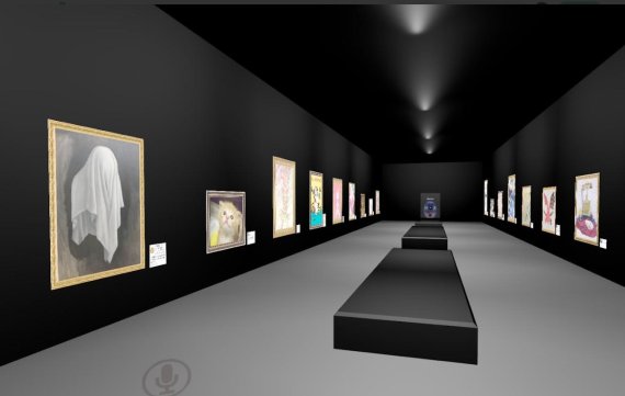 ▲ 소셜 VR서비스 ‘VRChat’ 속의 가장 미술관 VMuseum의 모습. 사용자가 트위터에 그림을 올리면 가상현실 속에 전시를 할 수 있다.