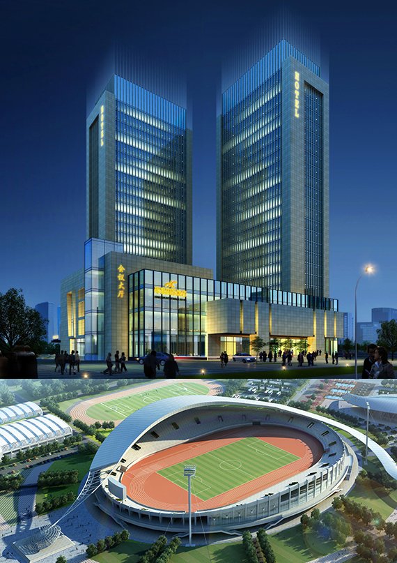 천우그룹이 건설한 훈춘 국제호텔(위 사진)과 옌지시 스포츠센터 전경.