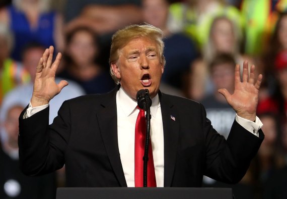 GREAT FALLS, MT - JULY 05: U.S. president Donald Trump speaks during a campaign rally at Four Seasons Arena on July 5, 2018 in Great Falls, Montana. President Trump held a campaign style 'Make America Great Again' rally in Great Falls, Montana with thousands in attendance. Justin Sullivan/Getty Imag