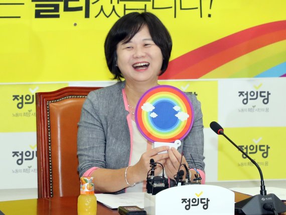 정의당 이정미 대표가 12일 국회에서 열린 당대표 취임 1주년 기자회견에서 부채를 들어 보이고 있다. 사진=연합뉴스