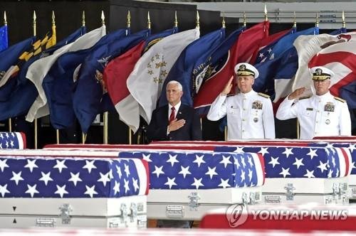United States Vice President Mike Pence (L) pay respects, as Commander of U.S. Indo-Pacific Command, Admiral Phil Davidson and deputy director of the DPAA, rear admiral Jon C. Kreitz, salute as a military honor guard carries the remains of american soldiers repatriated from North Korea during a repa