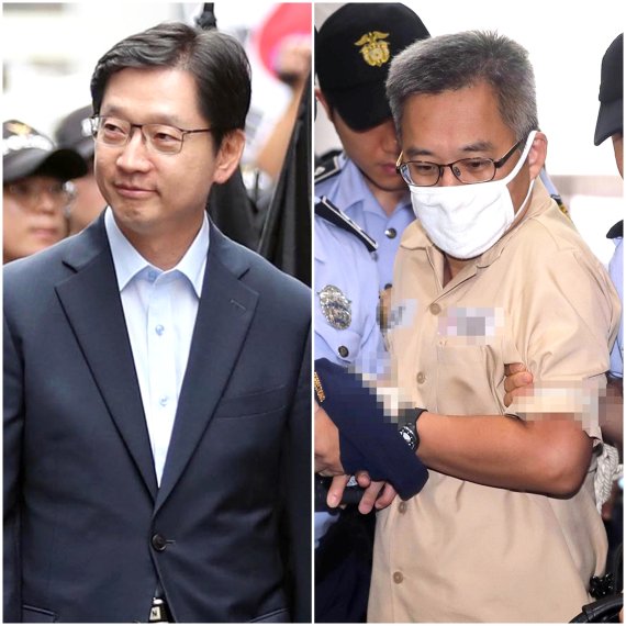 김경수 경남도지사(왼쪽)가 드루킹의 댓글조작 행위를 공모한 혐의로 특검에 재소환돼 조사를 받고 있는 9일 오후 '드루킹' 김동원 씨(오른쪽)가 서울 서초구 허익범 특검으로 소환되고 있다.
