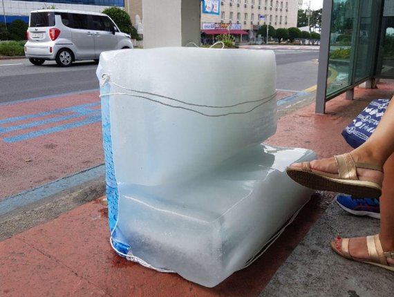 [fn포토] 제주 도심 버스정류장에 '폭염' 잡는 대형 얼음 등장
