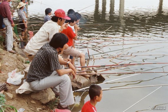 1991년 울산시 태확강에서 낚시를 즐기를 울산시민들 모습. 울산시를 가로지르는 태화강에서 낚시가 금지된 것은 올해로 13년째다.