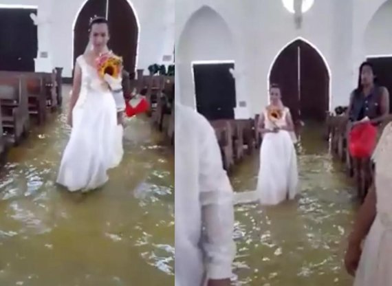 '태풍도 막지못한 사랑' 홍수난 성당서 결혼