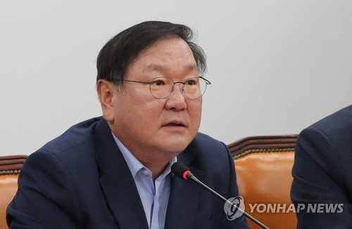 더불어민주당 김태년 정책위의장이 14일 오전 국회에서 열린 원내대책회의에서 발언하고 있다. 연합뉴스.