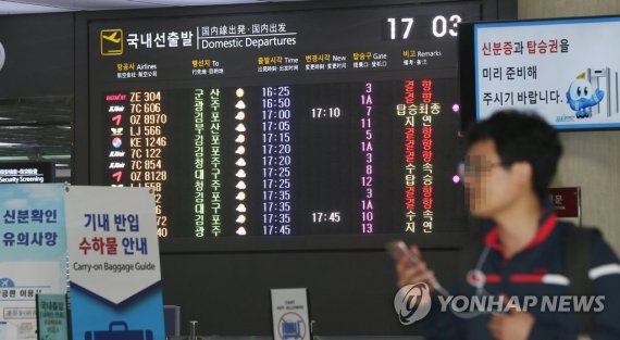 제주공항 결항에 발만 동동. 22일 태풍 솔릭의 직접적인 영향으로 제주를 오가는 항공편이 줄줄이 결항해 도민과 관광객들이 불편을 겪고 있다. 2018.8.22 [연합뉴스]