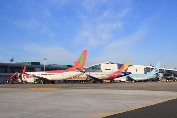 대구국제공항에 계류 중인 항공기들(티웨이항공, 아시아나항공, 대한항공 순).