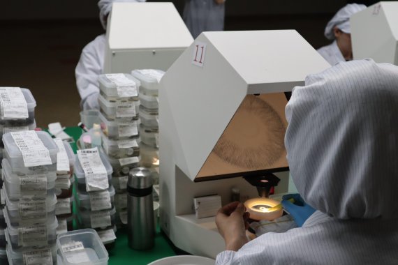 경남 양산에 위치한 콘택트렌즈 제조기업 드림콘의 직원들이 지난 6일 만들어진 콘택트렌즈를 검사하고 있다. /사진=중소기업중앙회