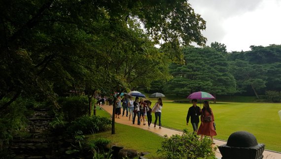 청와대 관람객들이 21일 녹지원을 지나며 산림욕 기분을 내고 있다. 녹지원에서는 국민들과 함께하는 다양한 행사가 진행되기도 한다. /사진=이태희 기자
