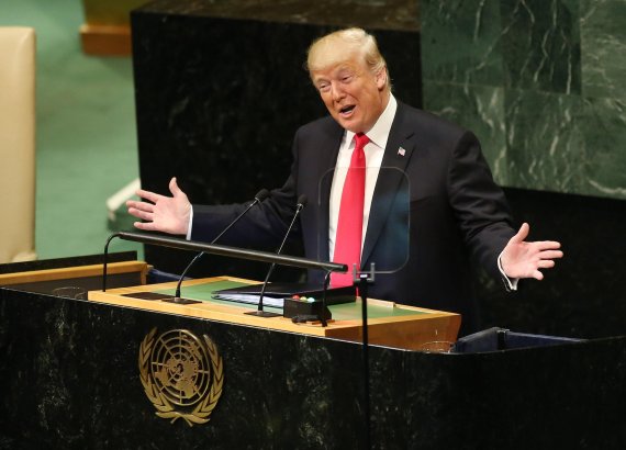 Donald Trump, president of the United States of America, speaks at the 73rd General Debate at the United Nations General Assembly at United Nations Headquarters at in New York City on September 25, 2018. Photo by Monika Graff/UPI<All rights reserved by Yonhap News Agency>