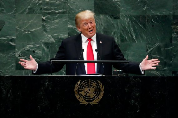 President Donald Trump addresses the 73rd session of the United Nations General Assembly, at U.N. headquarters, Tuesday, Sept. 25, 2018. (AP Photo/Richard Drew) <All rights reserved by Yonhap News Agency>