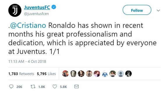 호날두가 소속된 유벤투스 트위터/사진=유벤투스 공식 트위터 계정
