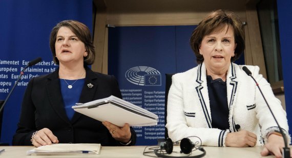 Leader of Northern Ireland's Democratic Unionist Party Arlene Foster (L) and DUP European Parliament member Diane Dodds give a press conference after a meeting with Michel Barnier, the European Chief Negotiator of the Task Force for the Preparation and Conduct of the Negotiations with the United Kin
