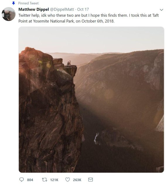 미국 사진작가 매튜 디펠이 요세미티 국립공원에서 찍은 사진 속 커플을 찾고 있다 /사진=매튜 디펠 트위터