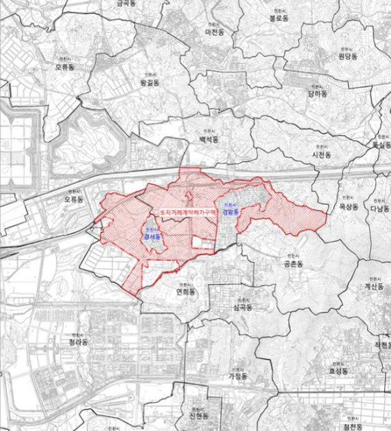 인천 서구 검암동 일원이 토지거래 허가구역으로 지정된다. 사진은 토지거래 허가구역으로 지정되는 위치도.