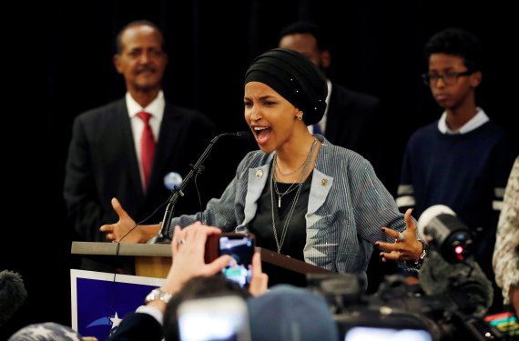 Democratic congressional candidate Ilhan Omar speaks at her midterm election night party in Minneapolis, Minnesota, U.S. November 6, 2018. REUTERS/Eric Miller <All rights reserved by Yonhap News Agency>