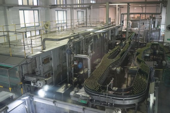 중국 청도에 위치한 칭따오 맥주 1공장에서 갓 생산된 맥주들이 나오고 있다. 칭따오 맥주 한 병을 만들기 위해서는 1800번의 공정이 필요하다.