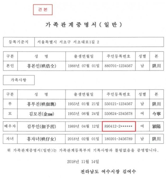 변경된 주민등록번호가 공시제한된 홍본인의 가족관계증명서 예시