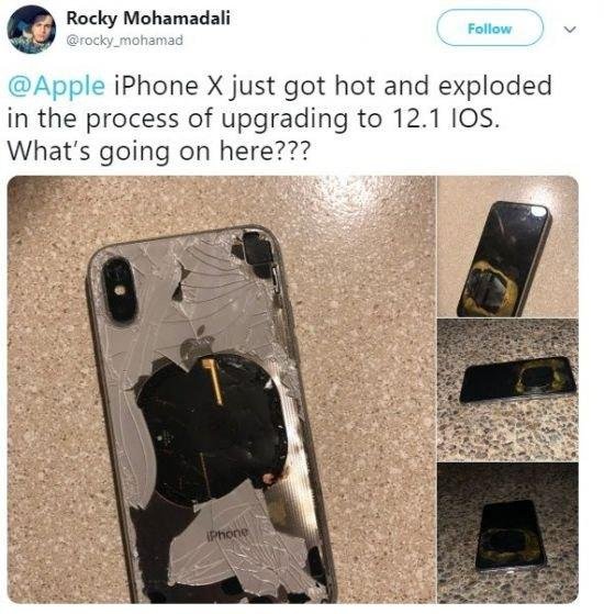 미국 워싱턴주에 거주하는 라헬 모하메드 씨가 게재한 트위터. 해당 사진엔 아이폰X의 폭발 흔적이 담겨 있다.