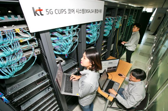 KT 직원들이 CUPS 기술이 적용된 5G 코어장비를 구축 완료하고 시험하고 있다.