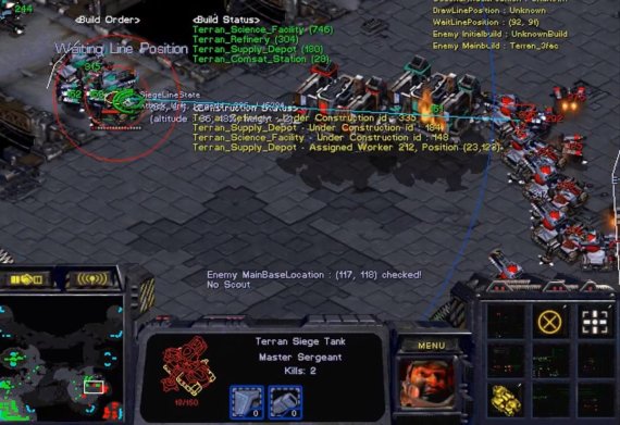 삼성 SDS의 사이다팀이 만든 AI는 여러가지 전략을 설정한 후 상대 팀의 패턴을 읽고 유연하게 움직인다. 화면은 사이다팀 AI가 상대 본진에 정찰병이 없음을 확인하고 움직이는 모습.