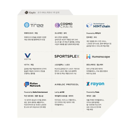 카카오가 블록체인 플래폼 '클레이튼'의 테스트넷 파트너를 기존 9개 기업에서 30여개 기업으로 확대했다. 사진은 초기 파트너인 9개 기업 리스트.