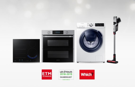 삼성전자가 유럽 소비자 매체로부터 높은 평가를 받은 제품. 왼쪽부터 전기레인지 인덕션, 빌트인 오븐, 퀵드라이브 세탁기, 무선청소기 '파워건'