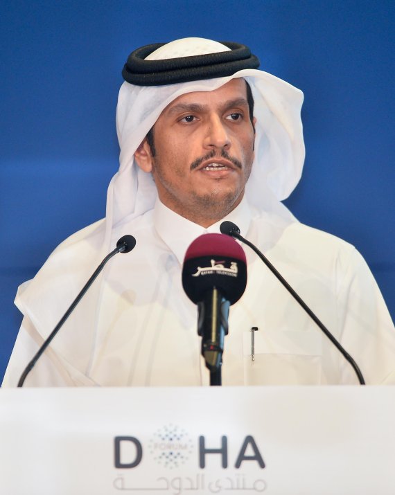 EPA연합. Qatari Deputy Prime Minister and Foreign Minister Sheikh Mohammed bin Abdulrahman al-Thani speaks during a joint press conference with Secretary General of the United Nations (UN) Antonio Guterres (not pictured) after signing partnership agreements between Qatar and the UN on the final day of