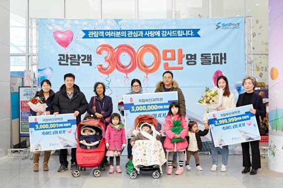 국립부산과학관(관장 고현숙)은 18일 개관 3년만에 누적 관람객 300만명을 돌파했다고 밝혔다. 이날 300만번째 관람객인 이동근(부산시 강서구 거주)씨 가족에게는 30만원 상당의 문화상품권과 교육용 코딩로봇, 과학관 캐릭터 기념품, 과학관 상설전시관·특별기획전 무료초대권 20매 등이 제공됐다. 300만번째 전·후 관람객에게는 아차상으로 10만원 상당의 문화상품권과 무료초대권 등 상품을 증정했다. 이벤트에 당첨된 관람객들이 함께 기념사진을 찍고 있다.