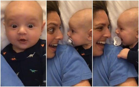 스마트폰에 비친 엄마의 얼굴을 본 생후 3개월 된 아기 베넷 볼스가 깜짝 놀라고 있다. 사진=안드레아 볼스 페이스북