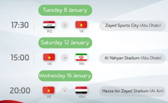 ▲ 2019 AFC 아시안컵 D조에 속한 베트남 축구대표팀의 경기 일정(현지시간 기준) / 사진=AFC 공식홈페이지