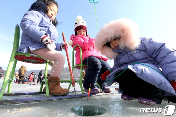 27일 강원 인제군 남면 빙어호 일원 빙어축제장에서 아이들이 빙어낚시를 하며 즐거운 시간을 보내고 있다. 2019.1.27/뉴스1 © News1 김경석 기자
