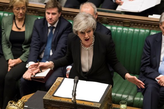 Britain's Prime Minister Theresa May speaks during a debate on her Brexit 'plan B' in Parliament, in London, Britain, January 29, 2019. UK Parliament/Mark Duffy/Handout via REUTERS ATTENTION EDITORS - THIS IMAGE HAS BEEN SUPPLIED BY A THIRD PARTY. <All rights reserved by Yonhap News Agency>