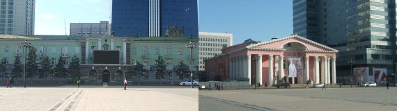 몽골 울란바토르시에 있는 시청(왼쪽)과 오페라 발레극장(오른쪽)/사진=유선준 기자
