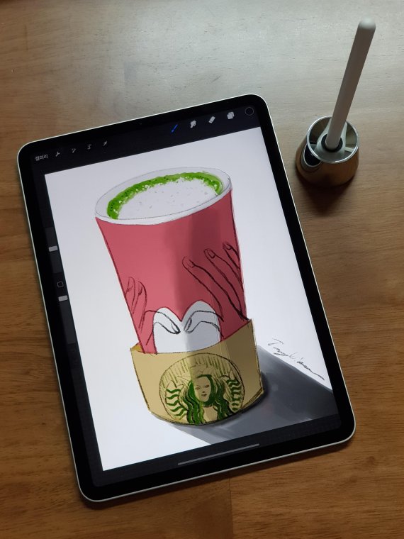기자가 신형 '아이패드 프로 11형'과 애플 펜슬로 그린 그림. 프로크리에이트(Procreate) 앱과 벨킨 애플펜슬 거치대를 사용했다. 사진=김성환기자