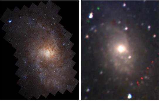 삼각형 은하에 대해 우주망원경 허블로 촬영한 영상(좌)(사진제공: 미국 NASA)과 NISS(우)로 얻은 영상 비교. NISS 영상의 경우, 1.0, 1.35, 1.7μm(마이크로미터) 영역 밴드에서 합성한 RGB 영상이다. 단파장 1.0μm 영역(푸른색)에서 더 젊은 별들이 탄생해 중앙 지역이 더 밝게 보이고, 장파장 영역(붉은색)에서는 별 탄생이 일어나는 나선 구조를 명확히 보여주고 있다.