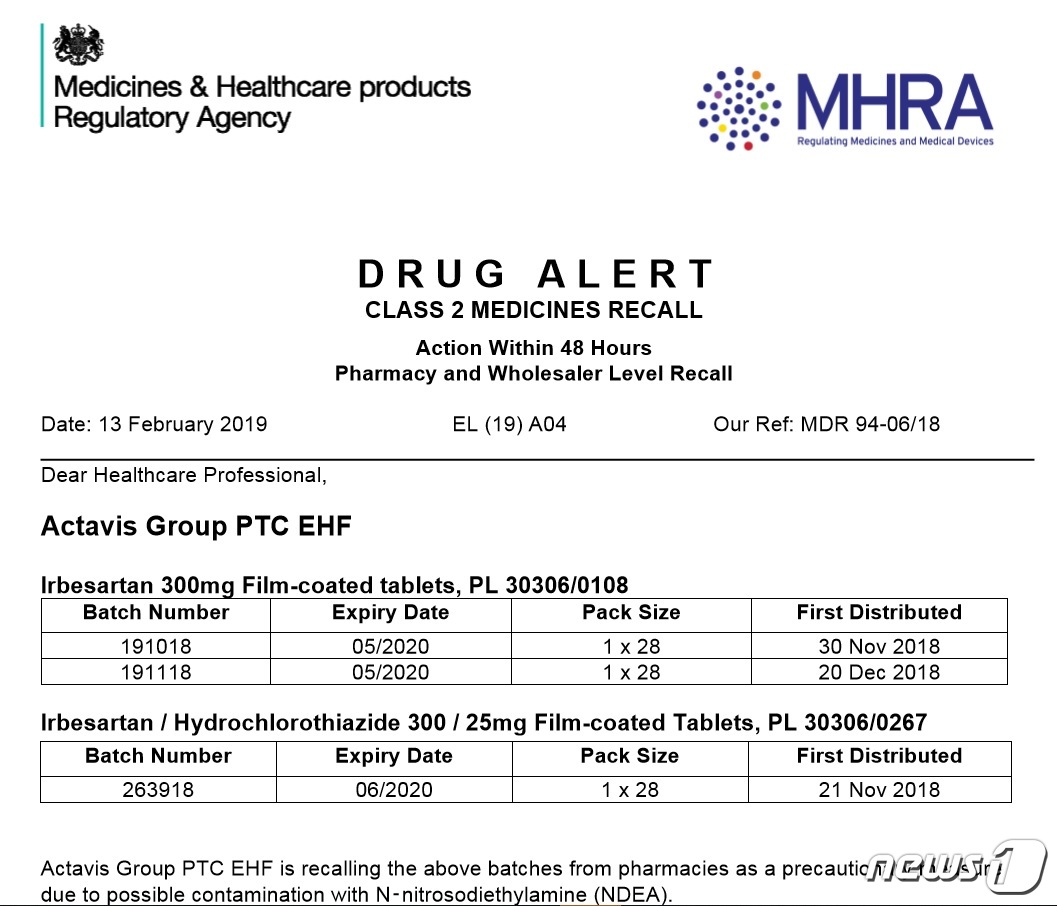 '발암물질' 또 비상.. 이번엔 다른 성분 고혈압약 '리콜'